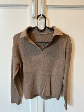 Uniqlo Ribbed Collared V-Neck Sweater - Taupe